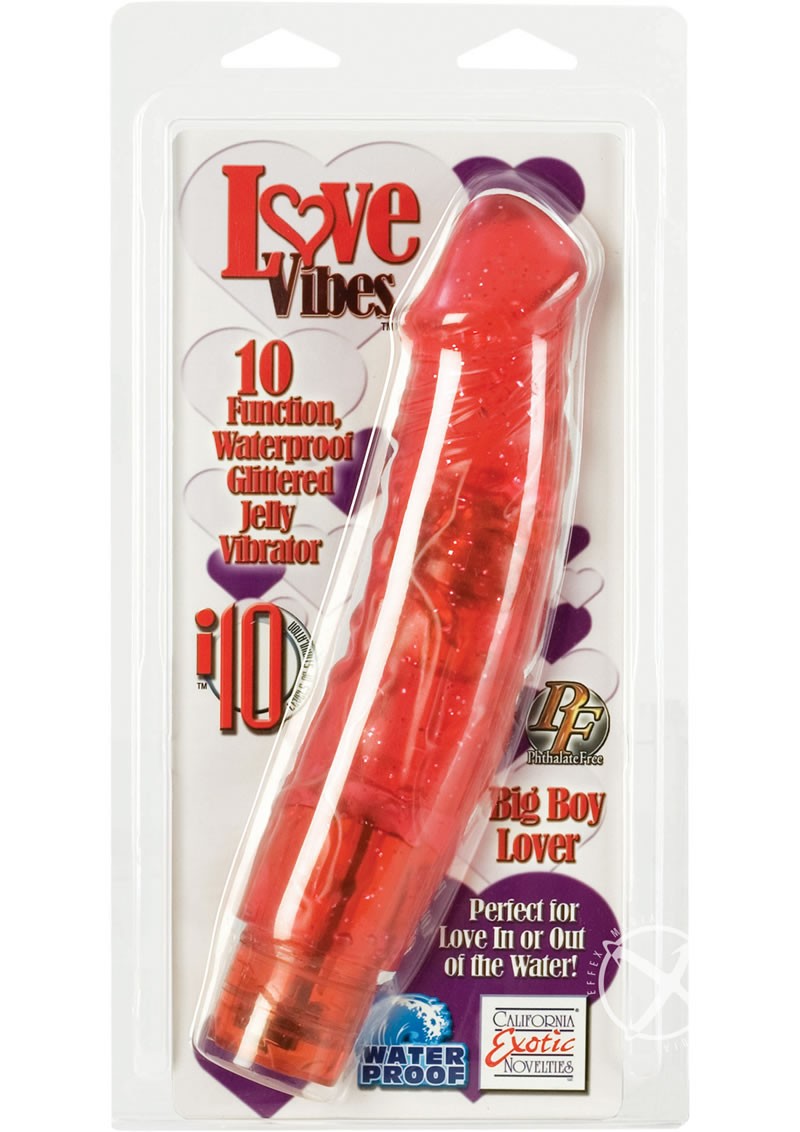 LOVE VIBES BIG BOY LOVER 10 FUNCTION GLITTERED JELLY VIBRATOR 8.25 INCH RED