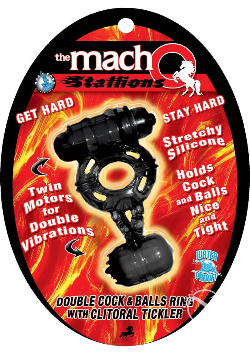The Macho Stallions Double Cock & Ball Ring w/ Clitoral Tickler Black