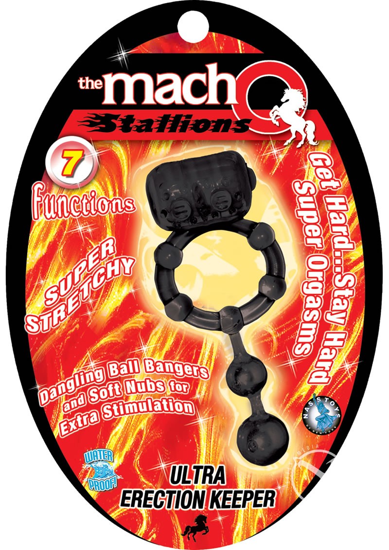The Macho Stallions Ultra Erection Keeper w/ Dangling Ball Bangers 7 Functions Black