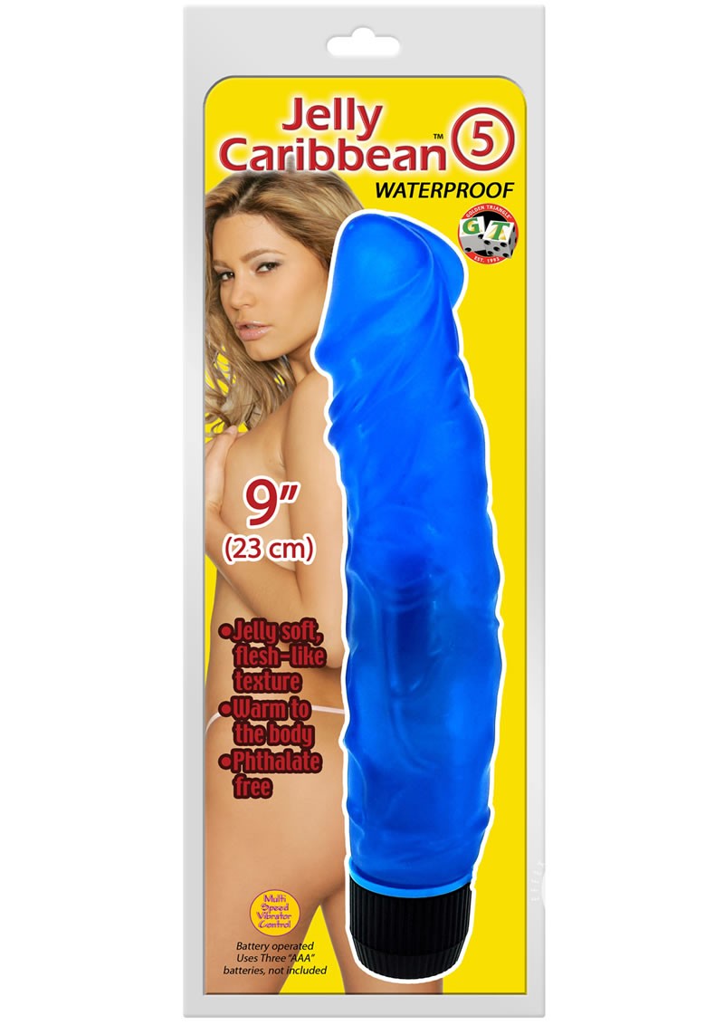 Jelly Caribbean # 5 Vibrating Dildo Waterproof Blue 9 Inch