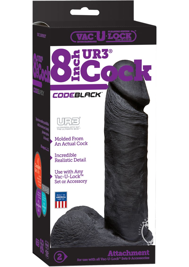 Vac U Lock Codeblack UR3 Realistic Cock w/ Balls Attachment Black 8 Inch