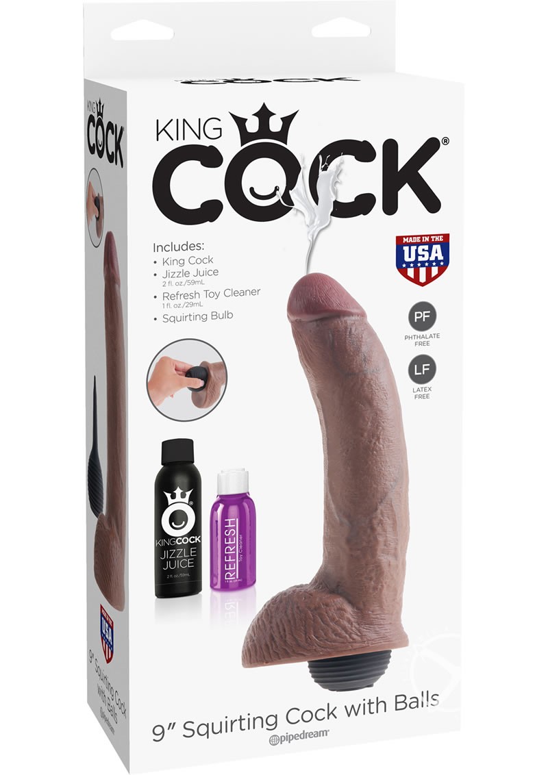 King Cock Squirting Cock w/ Balls Dildo Brown 9 Inches