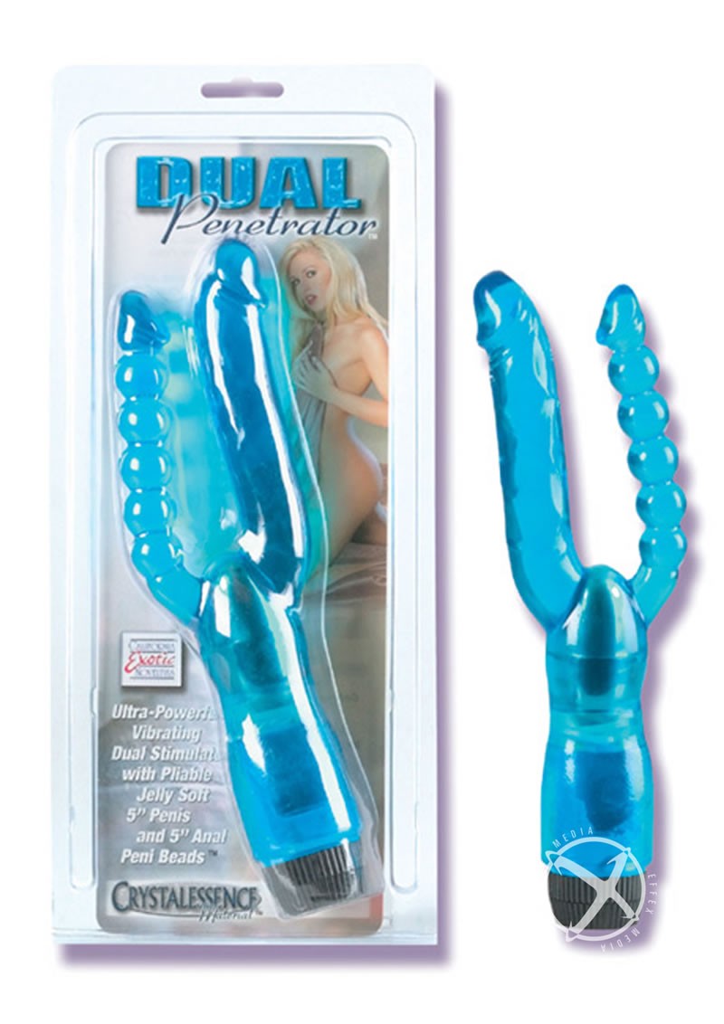 CRYSTALESSENCE DUAL PENETRATOR VIBRATOR w/ PLIABLE PENIS & ANAL BEADS 5 INCH BLUE