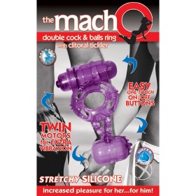 The Macho Double Cock & Balls Ring w/ Clitoral Tickler Purple