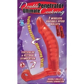 Double Penetrator Cockring w/ 2 Variable Speed Wireless Bullets Red