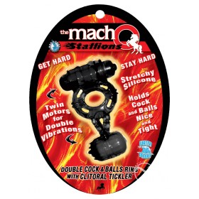 The Macho Stallions Double Cock & Ball Ring w/ Clitoral Tickler Black