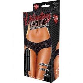 Hustler Toys Panties Lace Up Back Thong w/ Hidden Vibe Pocket Black Small/Medium