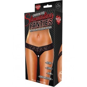 Hustler Toys Crotchless Stimulating Panties Thong w/ Pearl Pleasure Beads Black Medium/Large