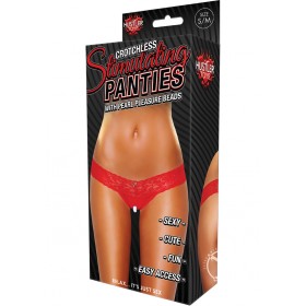 Hustler Toys Crotchless Stimulating Panties Thong w/ Pearl Pleasure Beads Red Medium/Large
