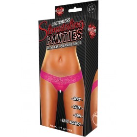 Hustler Toys Crotchless Stimulating Panties Thong w/ Pearl Pleasure Beads Pink Small/Medium