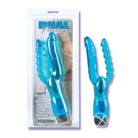 CRYSTALESSENCE DUAL PENETRATOR VIBRATOR w/ PLIABLE PENIS & ANAL BEADS 5 INCH BLUE